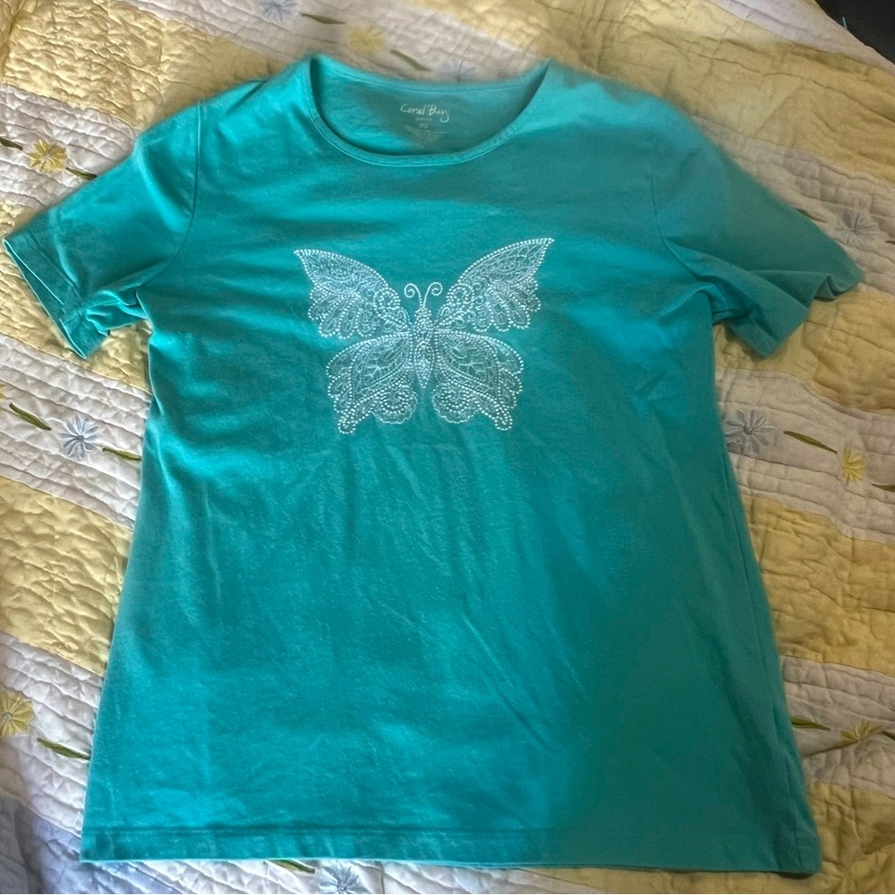 Y2K Turquoise Butterfly Embroidered Tee